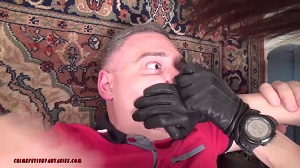 femdom handsmother by a tall woman in leather gloves