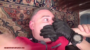 femdom handsmother by a tall woman in leather gloves