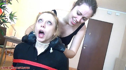 woman in leather gloves strangles