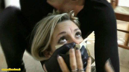girl girl chloroform with leather gloves on nylon mask